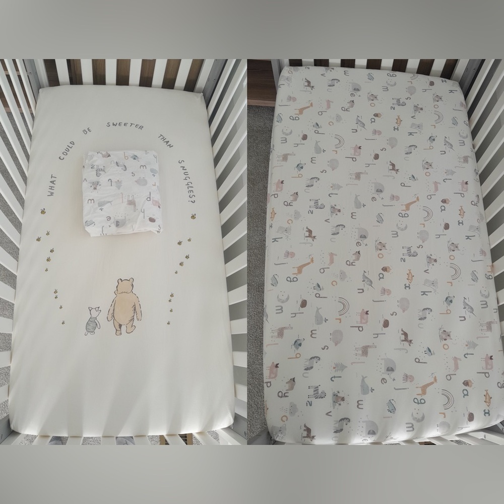 2x Pottery Barn Kids Organic Cotton Fitted Sheets, Disney Winnie the Pooh + ABC